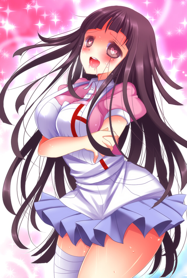 :d, bandage, bandages, black_hair, blush, breasts, heart, heart-shaped_pupils, long_hair, mole, neon_ui, open_mouth, red_eyes, saliva, skirt, smile, solo, sparkle, super_dangan_ronpa_2, sweat, symbol-shaped_pupils, thighs, tsumiki_mikan, ui1031