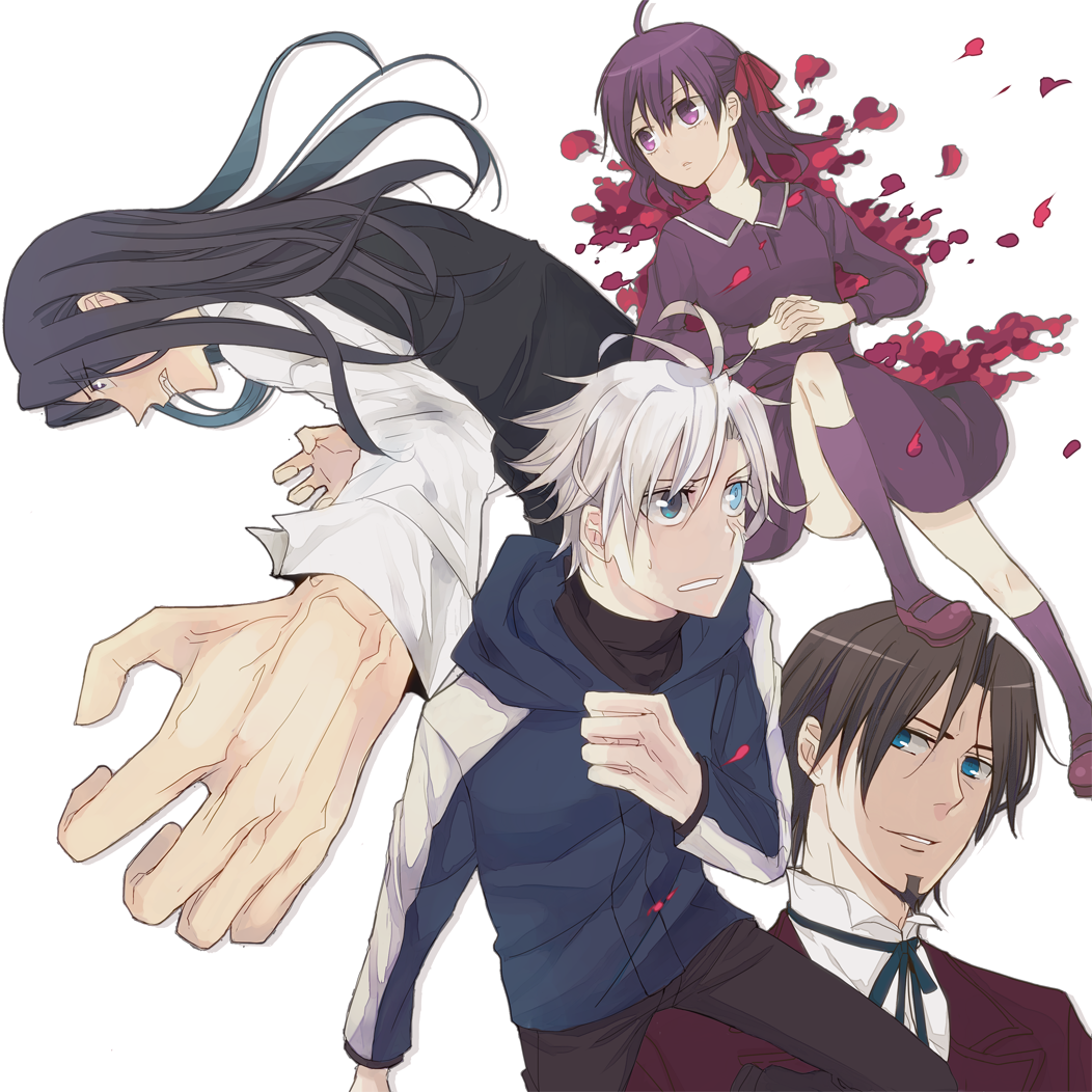 3boys, berserker_(fate/zero), blue_eyes, brown_hair, child, dress, facial_hair, fate/zero, fate_(series), formal, goatee, heterochromia, hoodie, long_hair, matou_kariya, matou_sakura, multiple_boys, petals, purple_eyes, purple_hair, short_hair, simple_background, smile, spoilers, suit, tohsaka_tokiomi, toosaka_tokiomi, vest, violet_eyes, waistcoat, white_background, white_hair, young, zasshoku_(touson)