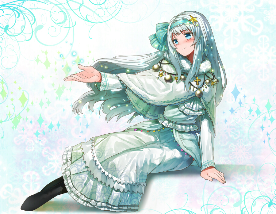 black_legwear, blue_eyes, blush, bow, capelet, christmas_tree, cross, erubo