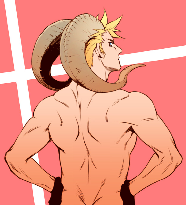 axis_powers_hetalia, back, bare_shoulders, blue_eyes, danish_flag, denmark_(hetalia), from_behind, gloves, horns, looking_back, male, muscle, rebasashi, sheep_horns, shirtless, short_hair, solo