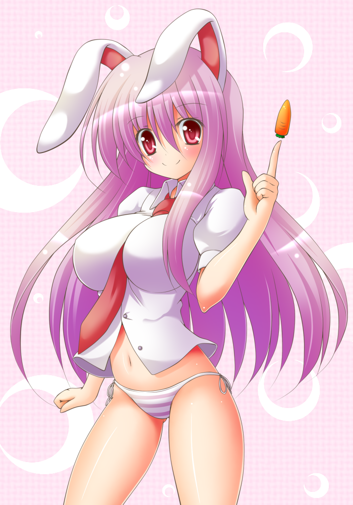 animal_ears, between_breasts, blush, breasts, bunny_ears, carrot, impossible_clothes, impossible_shirt, large_breasts, long_hair, looking_at_viewer, navel, necktie, osashin_(osada), panties, purple_hair, rabbit_ears, red_eyes, reisen_udongein_inaba, shiny, shiny_skin, side-tie_panties, smile, solo, striped, striped_panties, touhou, underwear