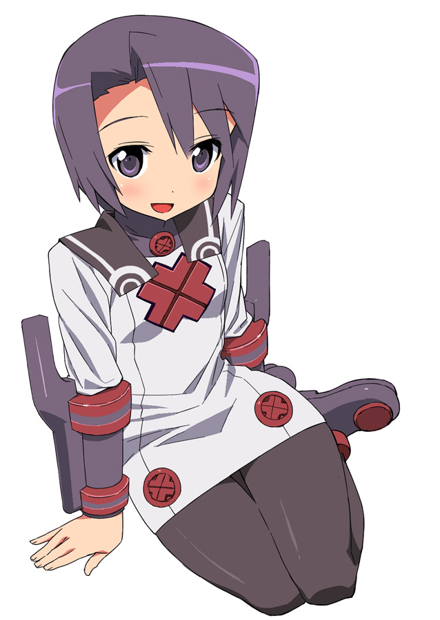 open_mouth, pantyhose, purple_eyes, purple_hair, short_hair, simple_background, sitting, solo, summon_night, summon_night_2, tonbi, toris, violet_eyes, white_background