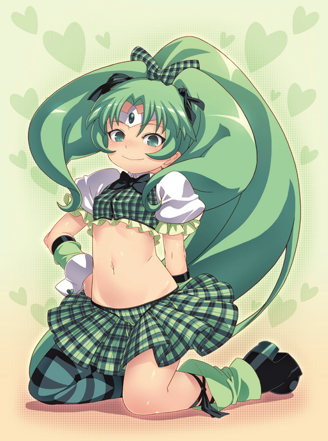 arm_behind_back, boots, crop_top, cure_march, green_eyes, green_hair, hand_on_hip, kneeling, long_hair, magical_girl, midorikawa_nao, midriff, navel, plaid, plaid_skirt, ponytail, precure, ribbon, shiny, shiny_skin, single_thighhigh, skirt, smile, smile_precure!, striped, striped_legwear, tasaka_shinnosuke, thigh-highs, thighhighs