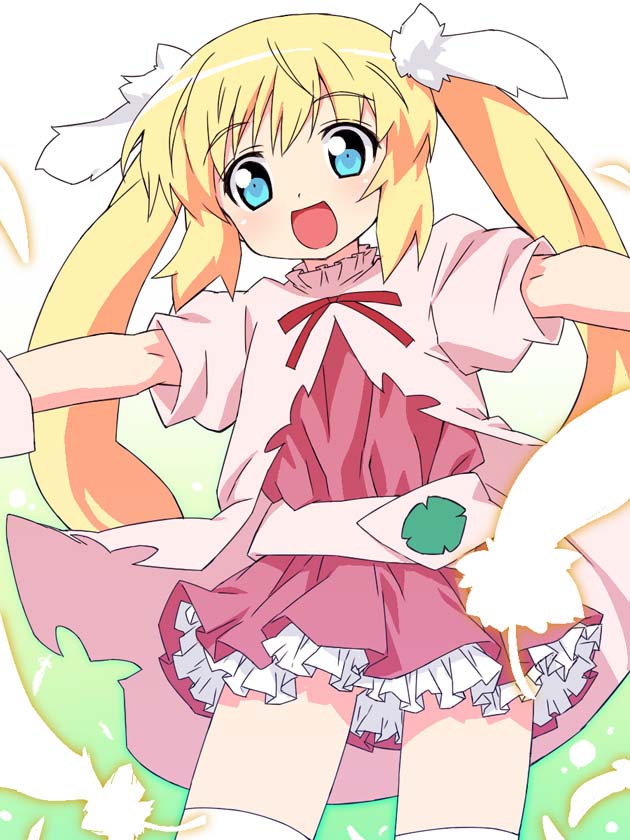blonde_hair, blue_eyes, blush, bow, child, dress, feather, feathers