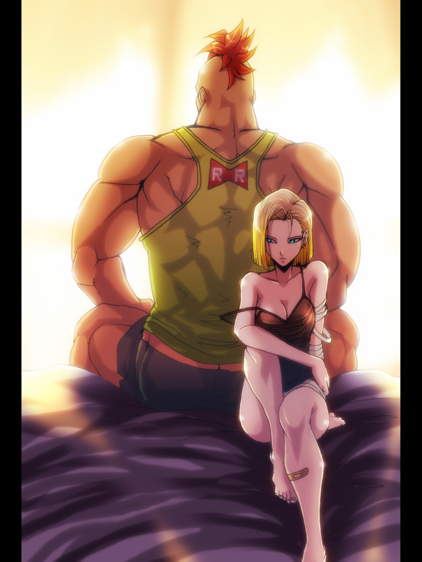 1girl, android_16, android_18, back-to-back, bandage, bandages, bandaid, barefoot, bed, blonde_hair, blue_eyes, breasts, camisole, cleavage, dragon_ball, dragon_ball_z, dragonball_z, earrings, highres, indoors, jewelry, looking_back, mohawk, muscle, off_shoulder, pillarboxed, short_hair, sitting, size_difference, spiked_hair, spiky_hair, strap_slip, zinpati