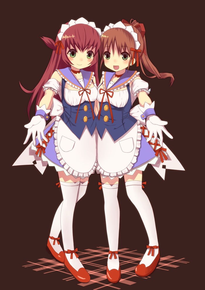 gloves, green_eyes, idol_janshi_suchie-pai, long_hair, multiple_girls, nekomo, smile, thighhighs