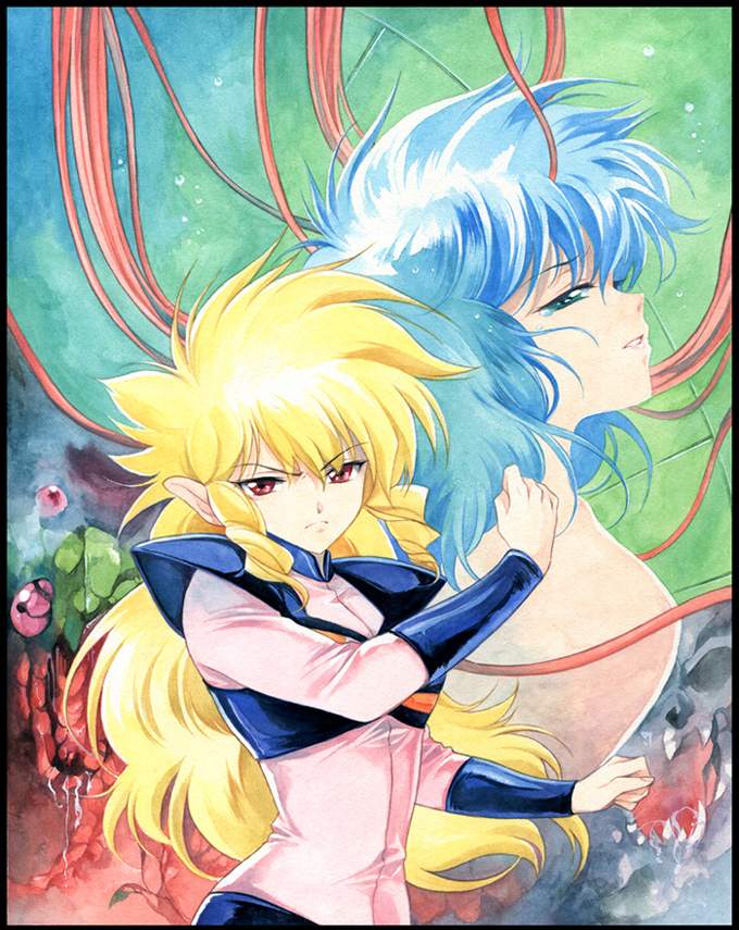 agahari, blonde_hair, blue_hair, bodysuit, fight!_iczer-1, iczer-1, kan?_nagisa, kanou_nagisa