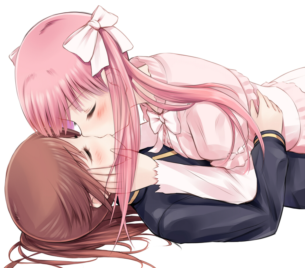 blush, bow, breasts, brown_hair, dress, hand_on_another's_cheek, hand_on_another's_cheek, haramura_nodoka, hug, kiss, long_hair, lying_on_person, multiple_girls, mutual_yuri, on_back, pink_hair, saki, saki_achiga-hen, suzushiro_yukari, takakamo_shizuno, track_jacket, young, yuri