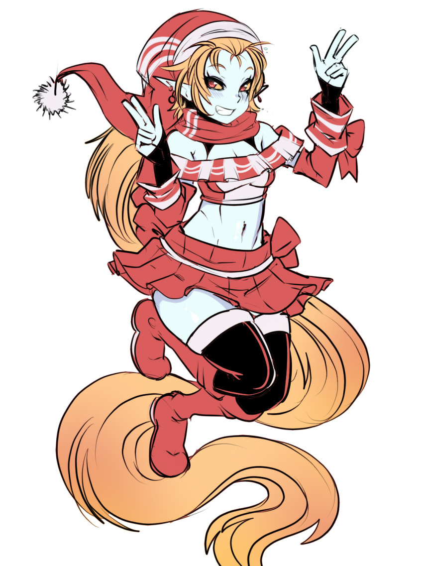 bare_shoulders, black_legwear, blue_skin, blush, boots, breasts, christmas, double_v