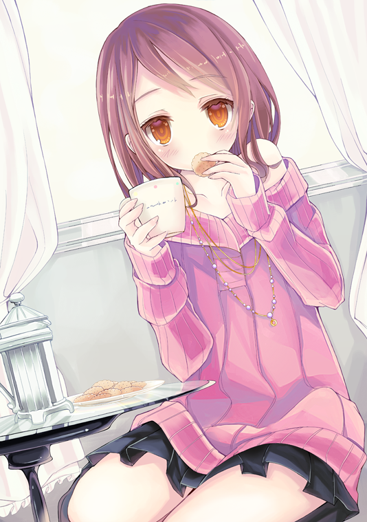 bare_shoulders, blush, brown_eyes, brown_hair, cookie, cup, curtains, eating