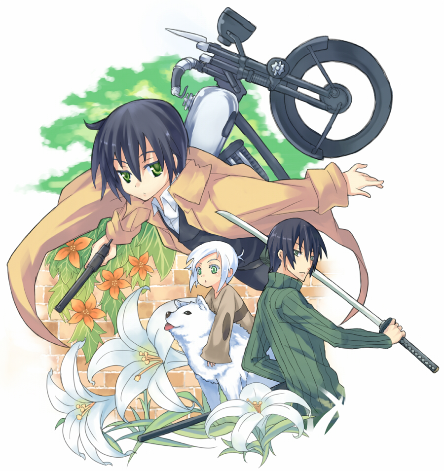 black_hair, coat, dog, flower, green_eyes, gun, hermes, katana