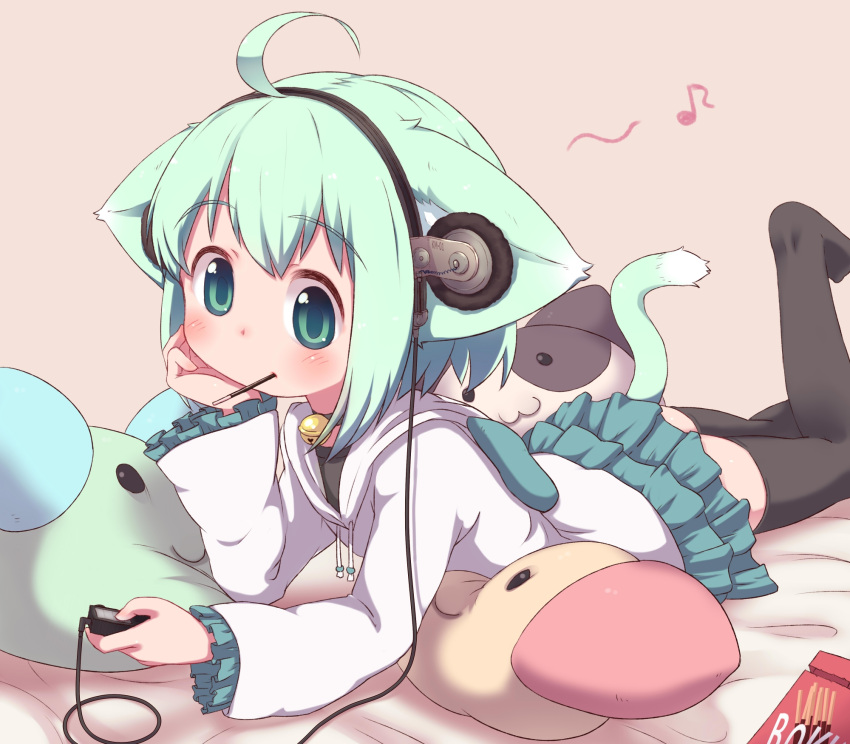 ahoge, animal_ears, aqua_eyes, aqua_hair, bell, bell_collar, black_legwear, blush