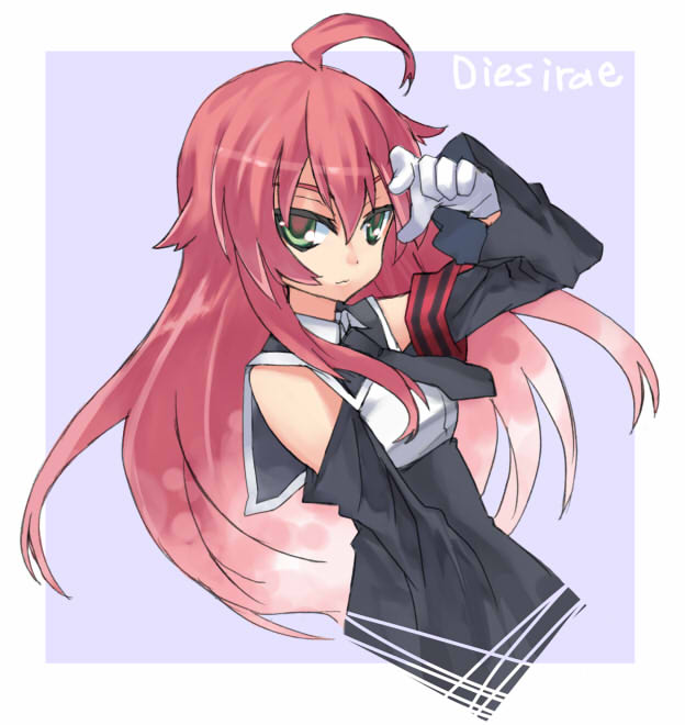 detached_sleeves, dies_irae, gloves, green_eyes, long_hair, red_hair, redhead, regu