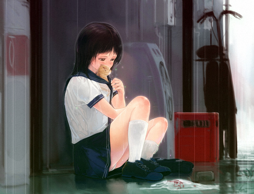 black_eyes, black_hair, cat, original, oshou_(classic1418408), rain, school_uniform, serafuku