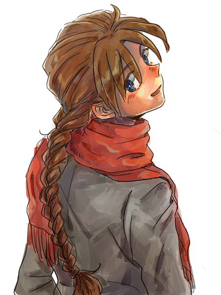 braid, brown_hair, duo_maxwell, gundam, gundam_wing, long_hair, looking_at_viewer, male, open_mouth, purple_eyes, scarf, single_braid, solo, takayama_(suslov), violet_eyes