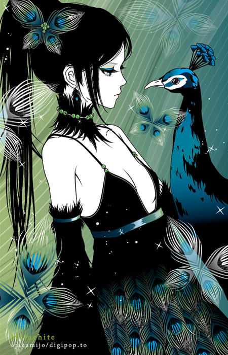 bird, black_dress, black_hair, blue_eyes, breasts, butterfly, cleavage, detached_sleeves, dress, earrings, eri_kamijo, eye_contact, eyeshadow, feathers, jewelry, long_hair, looking_at_another, makeup, necklace, original, pale_skin, peacock, ponytail, solo