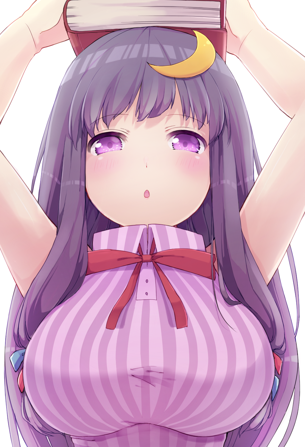 :o, arms_up, book, book_on_head, breasts, bust, crescent, highres