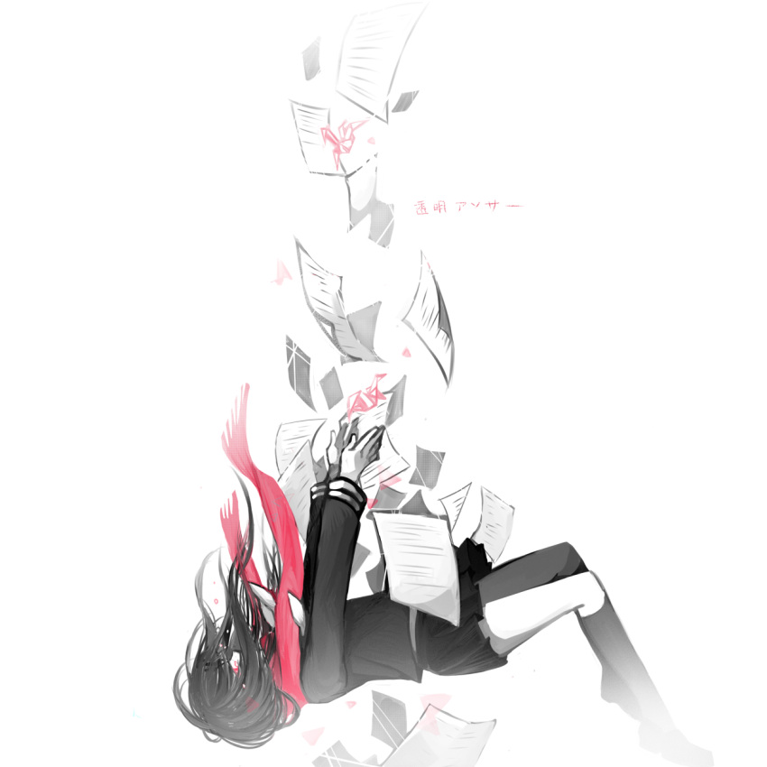 ayano_(kagerou_project), black_hair, falling, highres, kagerou_project, kyuryuu, long_hair, paper