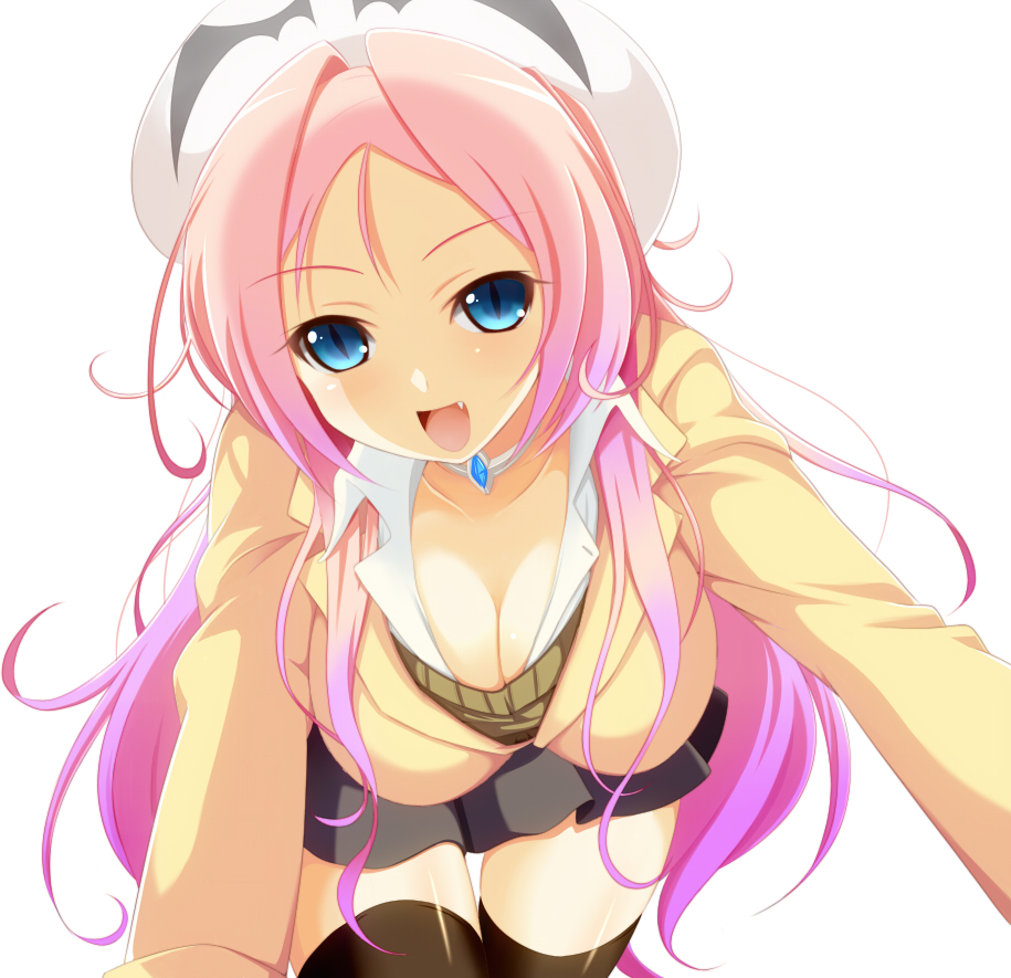 black_legwear, blazer, blue_eyes, blush, breasts, cleavage, crawling, dansa