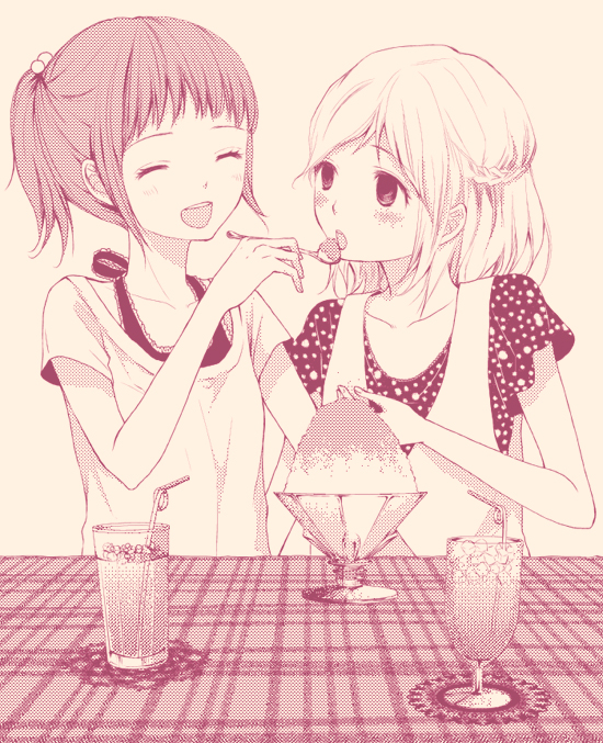 :d, :o, ^_^, blush, closed_eyes, eyes_closed, glass, hair_bobbles