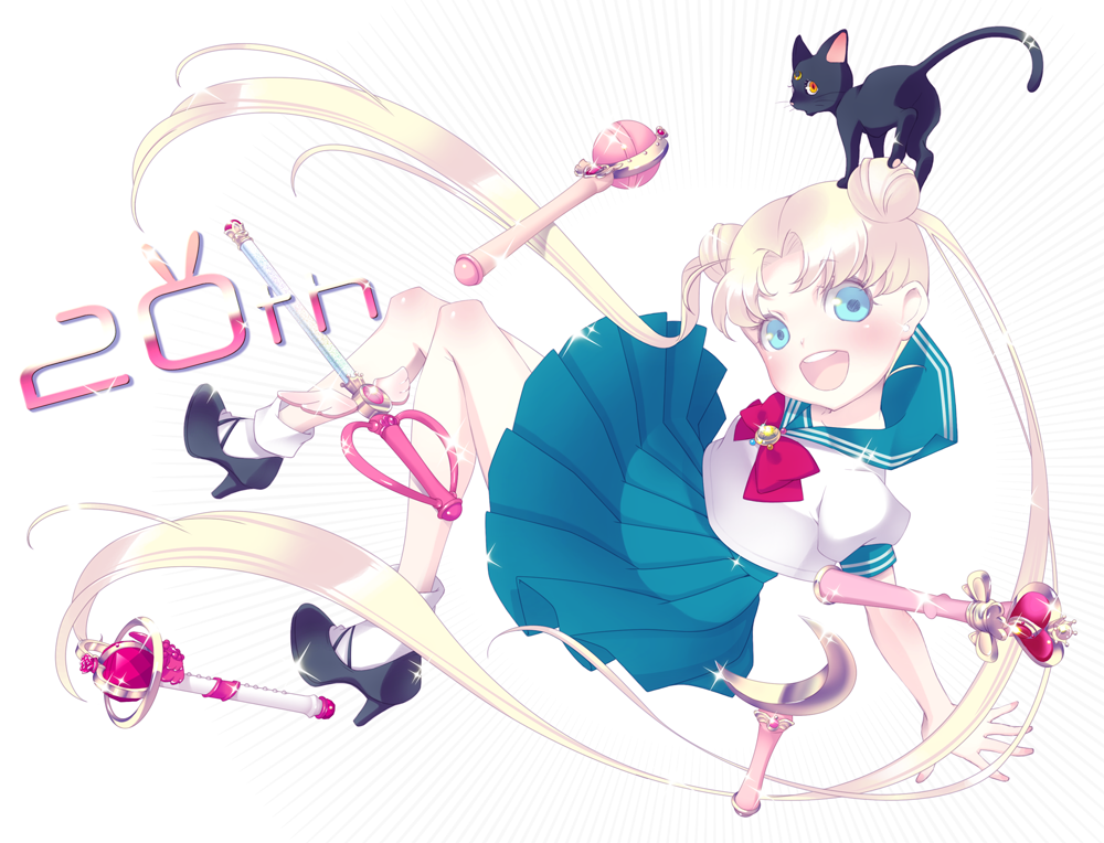 :d, anniversary, bishoujo_senshi_sailor_moon, black_shoes, cat, full_body, high_heels, long_hair