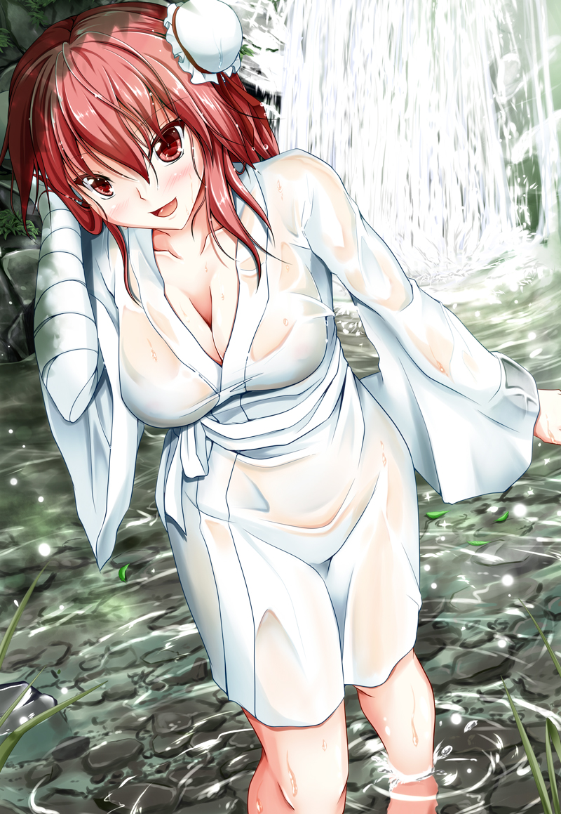 :d, bandage, bandages, black_legwear, blush, breasts, campbell_(pixiv), double_bun, ibaraki_kasen, mound_of_venus, open_mouth, partially_submerged, red_eyes, red_hair, redhead, ripples, see-through, short_hair, smile, solo, touhou, water, waterfall, wet, wet_clothes, wet_hair