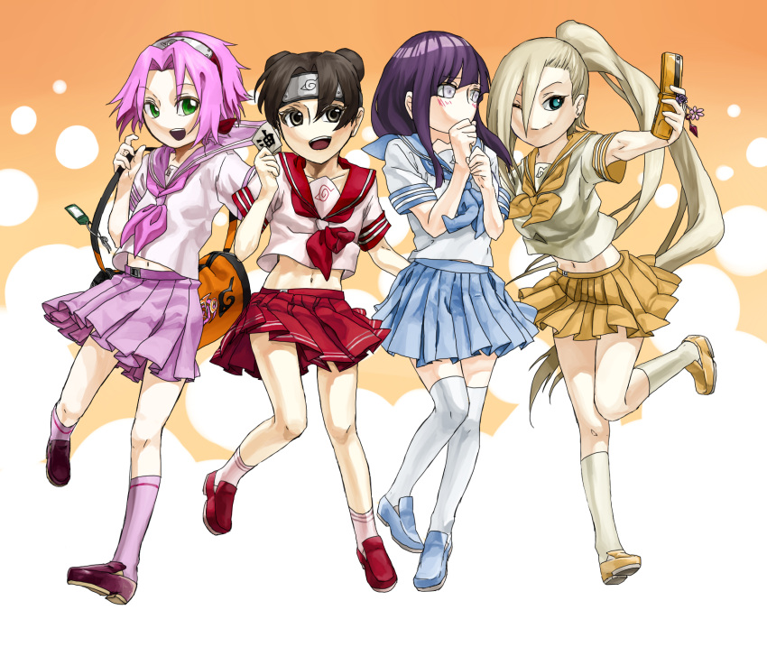 4girls, akimi_(adexi), bag, blonde_hair, blush, brown_eyes, brown_hair, cellphone, contemporary, double_bun, duffel_bag, forehead_protector, green_eyes, grey_eyes, hairband, haruno_sakura, highres, holding, hyuuga_hinata, long_hair, midriff, miniskirt, multiple_girls, naruto, navel, neckerchief, open_mouth, phone, pink_hair, pleated_skirt, ponytail, purple_hair, school_uniform, serafuku, shoes, short_hair, skirt, smile, socks, standing, tenten, thigh-highs, thighhighs, yamanaka_ino, zettai_ryouiki