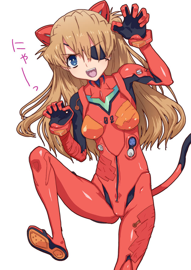 :d, animal_ears, blue_eyes, brown_hair, cat_ears, cat_tail, evangelion:_3.0_you_can_(not)_redo, eyepatch, fake_animal_ears, hirose_(mokiki), leg_up, long_hair, neon_genesis_evangelion, open_mouth, paw_pose, plugsuit, rebuild_of_evangelion, shikinami_asuka_langley, smile, solo, soryu_asuka_langley, souryuu_asuka_langley, tail, translated, translation_request
