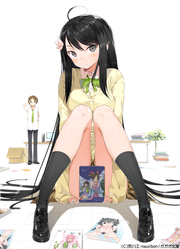 1girl, ahoge, black_hair, black_legwear, blush, book, box, cardboard_box