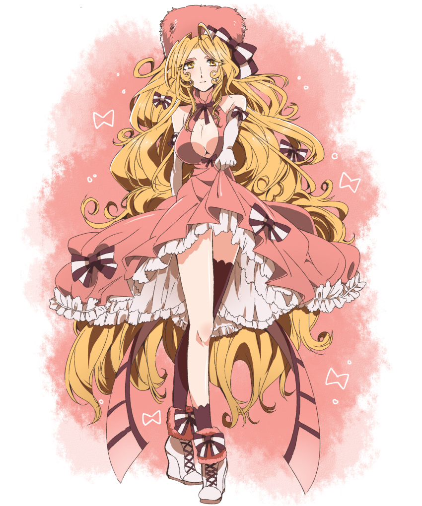 alternate_costume, asymmetrical_legwear, blonde_hair, boots, bow, breasts, center_opening, cross-laced_footwear