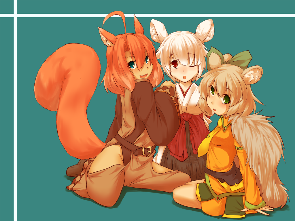 animal_ears, green_eyes, japanese_clothes, kurimiya_manaka, kuromiya, looking_at_viewer, manakashi_akane, miko