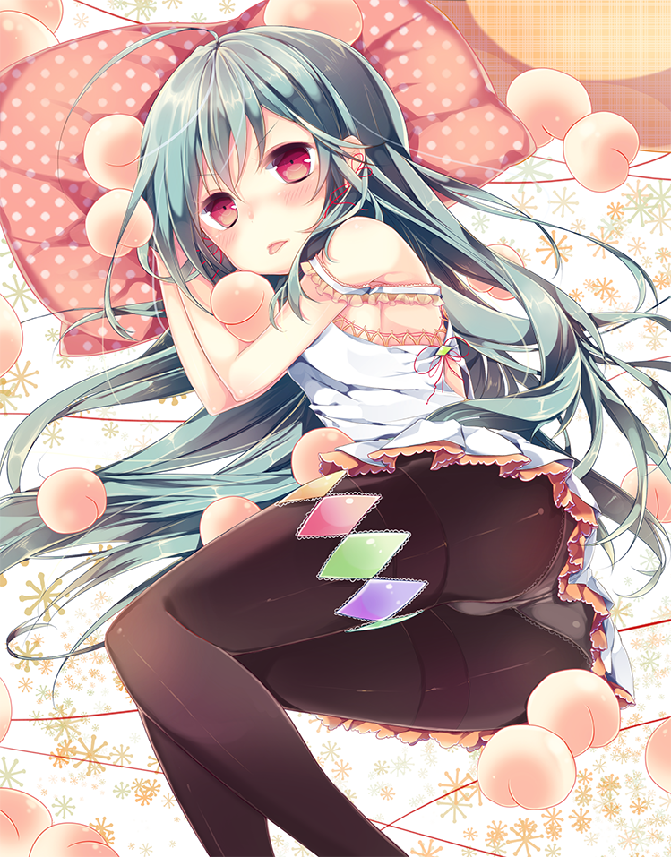>:p, ahoge, alternate_costume, ass, bare_shoulders, black_legwear, blue_hair, blush