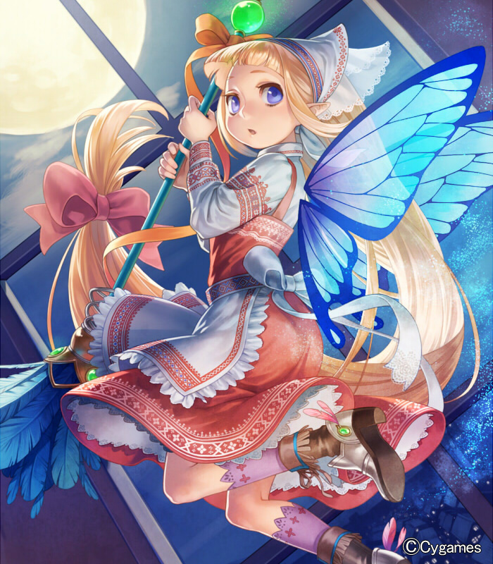 apron, blue_eyes, blush, boots, butterfly_wings, dress, esukee, frills