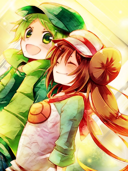 1boy, 1girl, ^_^, amamiya_kabosu, brown_hair, closed_eyes, double_bun, green_eyes