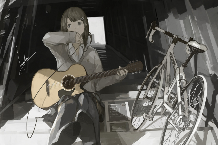 bicycle, black_eyes, black_hair, guitar, hair_ornament, hairclip, headphones, headphones_around_neck, highres, instrument, long_hair, looking_away, loundraw, monochrome, original, road_bicycle, scenery, school_uniform, signature, sitting, sitting_on_stairs, sleeves_past_wrists, solo, spot_color, stairs, sweater, thigh-highs, thighhighs