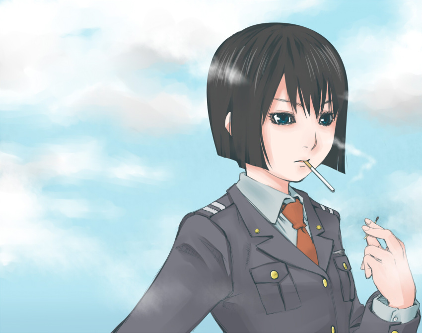 bob_cut, brown_hair, buttons, cigarette, cloud, clouds, flat_chest, kusanagi_suito