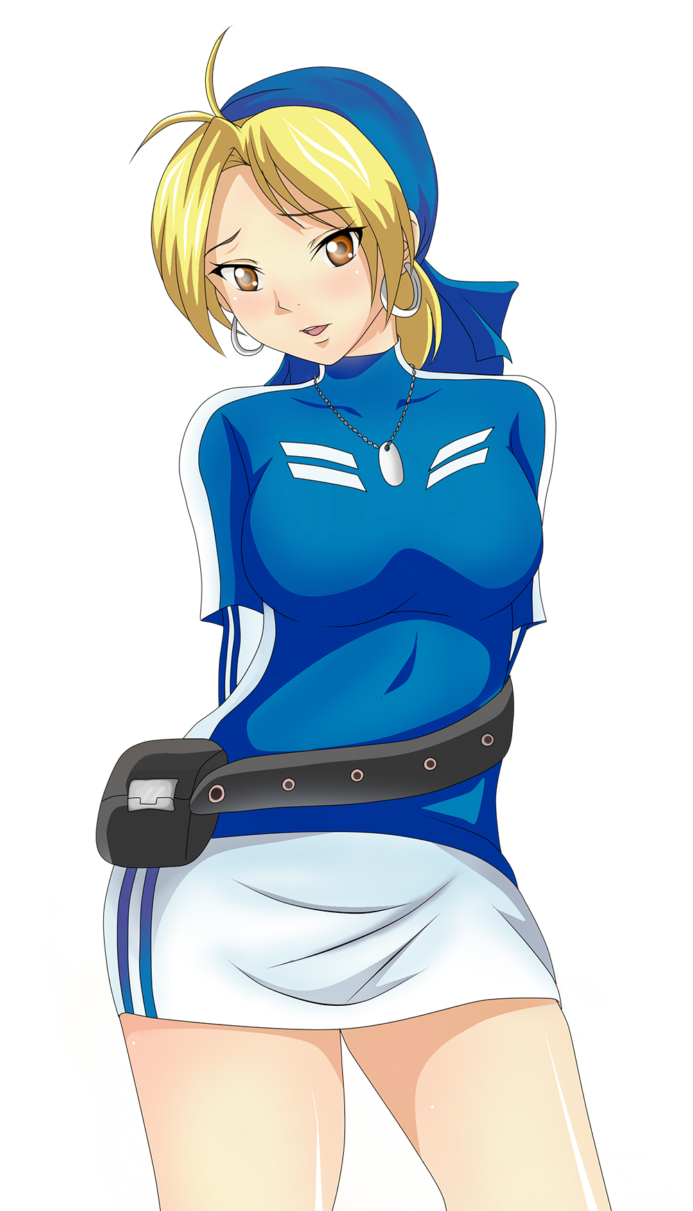 1girl, arms_behind_back, bandana, bandanna, belt, blonde_hair, blush, breasts, brown_eyes, contrapposto, dog_tags, earrings, highres, hoop_earrings, jewelry, juudai, king_of_fighters, malin, miniskirt, pouch, short_hair, skirt, smile, solo, vertical_stripes