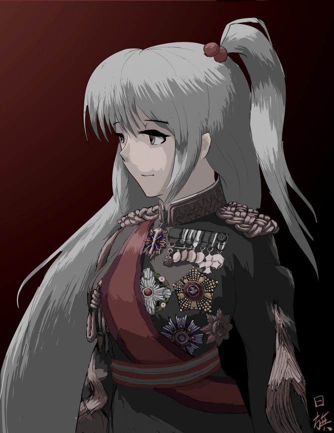 ahoge, breasts, dark, hair_bobbles, hair_ornament, hinomihata, long_hair, medal