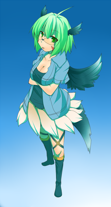 animal_ears, breast_hold, breasts, cleavage, crossed_arms, glasses, green_eyes, green_hair
