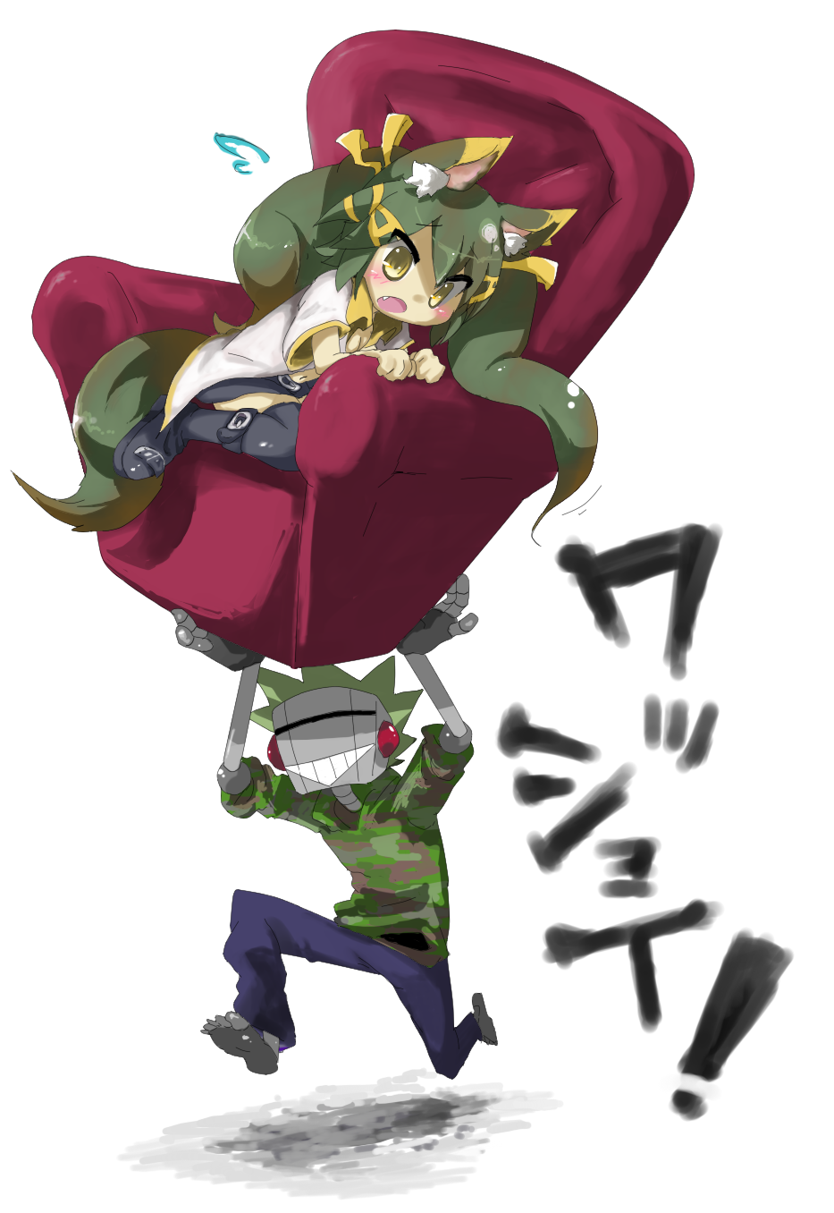 artist_self-insert, blush, chair, copyright_request, dokuro915, green_hair, highres, kuromiya, kuromiya_raika, long_hair, open_mouth, tail, yellow_eyes