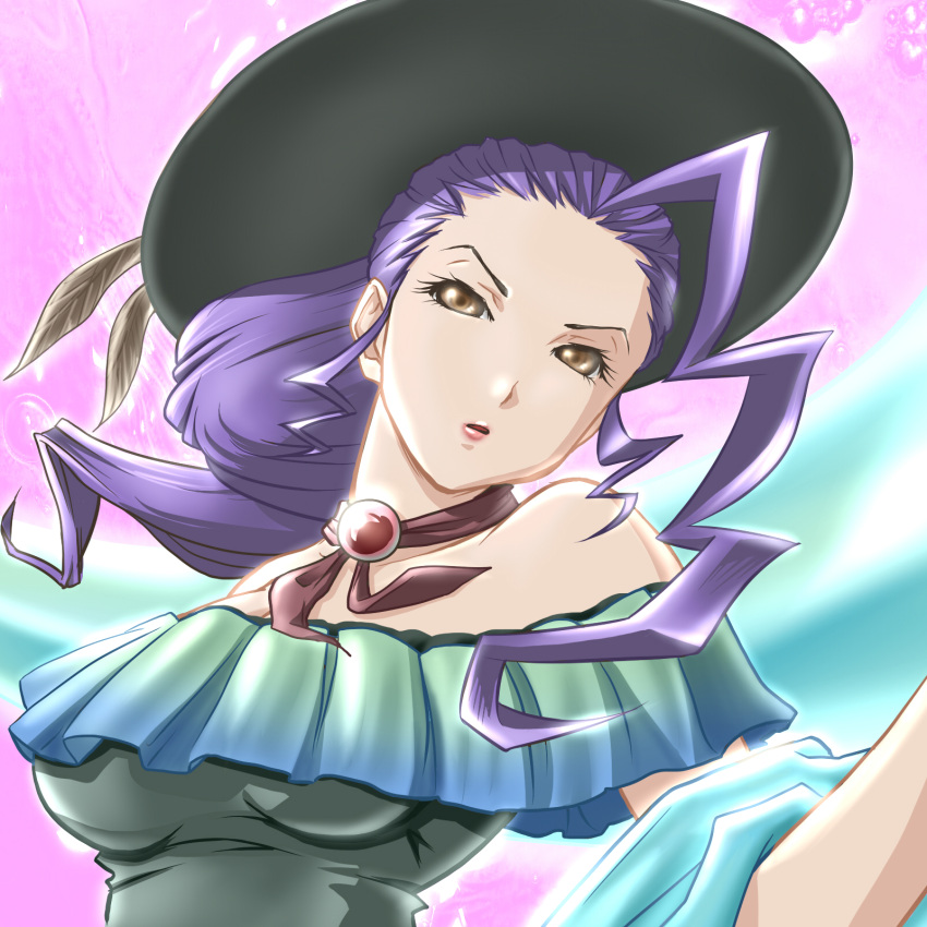 ahoge, alternate_costume, brown_eyes, choker, hat, highres, hikawa2, huge_ahoge, o-ring_top, purple_hair, rose_(street_fighter), scarf, solo, street_fighter