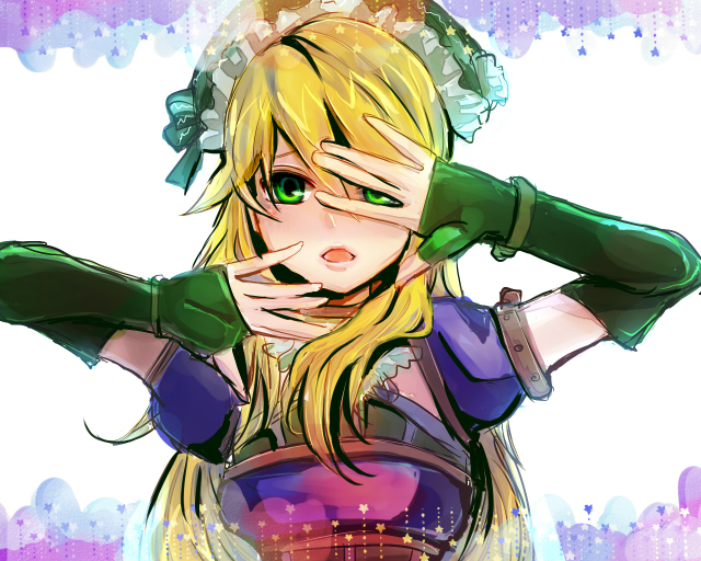 :o, blonde_hair, elbow_gloves, fingerless_gloves, gloves, green_eyes, headdress, hoshii_miki, idolmaster, open_mouth, shiichi, solo