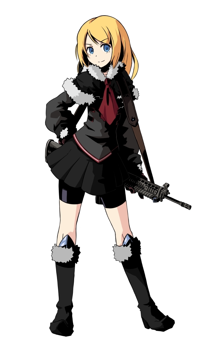 assault_rifle, bike_shorts, blonde_hair, boots, capelet, contrapposto, gloves, gun