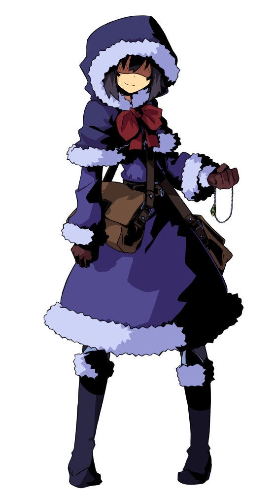 bag, black_hair, boots, bow, fur_trim, gloves, hood, jewelry