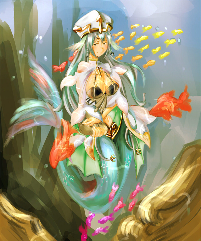 braid, breasts, cleavage, fish, fish_tail, gawainbro, green_hair, hat
