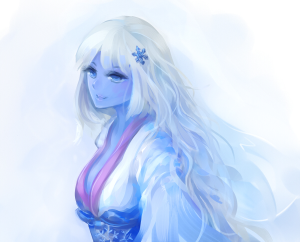 blue_eyes, blue_skin, elaizy, hair_ornament, ice_crystal, japanese_clothes, kimono, long_hair, monster_girl, monster_girl_encyclopedia, obi, solo, white_hair, yuki_onna, yuki_onna_(monster_girl_encyclopedia)