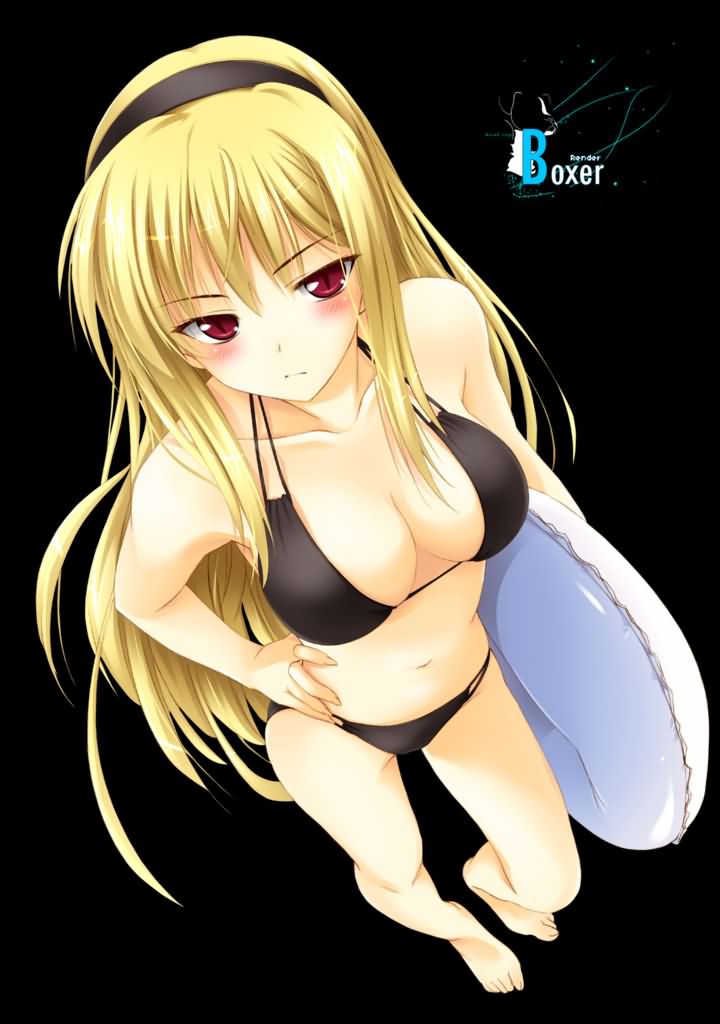 barefoot, bikini, blonde_hair, blush, cleavage, feet, hairband, hand_on_hip