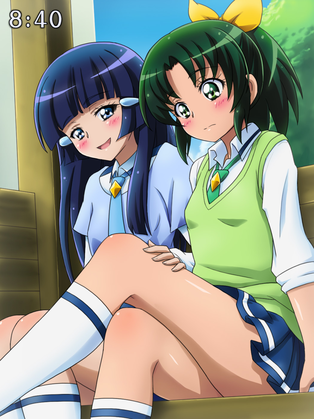 aoki_reika, blue_eyes, blue_hair, blush, clock, clockshow, crossed_legs, fake_screenshot