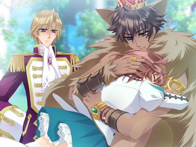 2boys, amawashi_miku, animal_ears, blonde_hair, blue_eyes, bracelet, brown_hair, cape