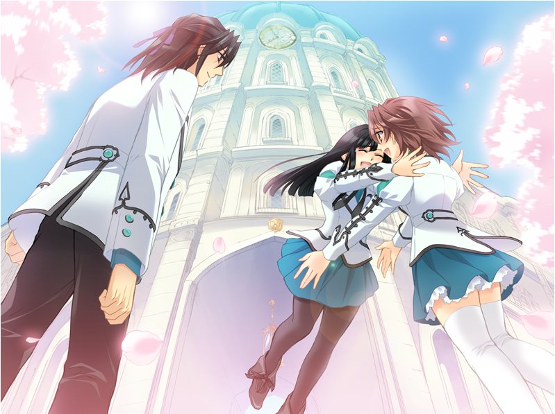 2girls, amawashi_miku, black_hair, black_legwear, brown_hair, carnelian, cherry_blossoms, garnet_cradle
